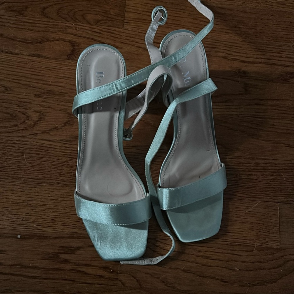 Light green satan open toes heels. Homecoming/prom shoe.